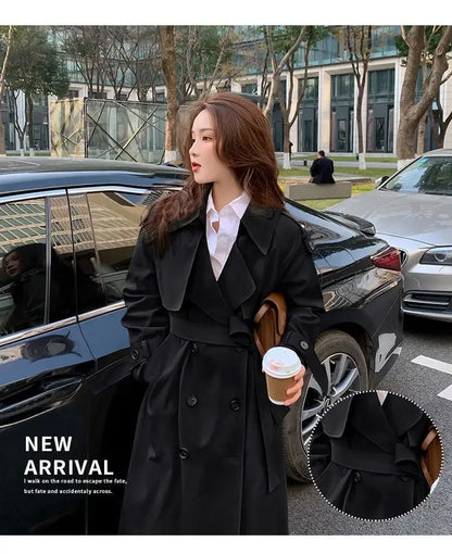 Streetwear Loose Trench Coat Midi Length Fashion Korean Elegant Khaki Black Women's Windbreaker Coat Casual Double Breasted Tops