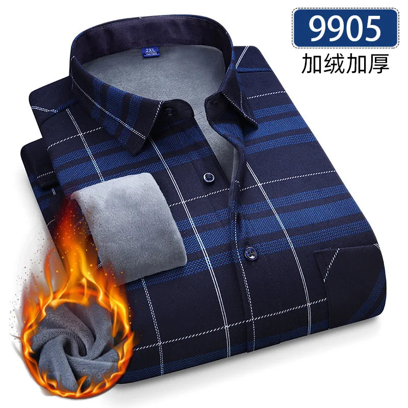 New 5XL men's shirt autumn and winter plus fleece thickened warm long sleeve non-ironing plaid business casual slim-fit fashion