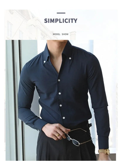 Men's Italian Collar Shirt, Wrinkle-free, Casual, Fashionable, Slim-fit with A Lapel Design, Branded Clothing, Youth, New