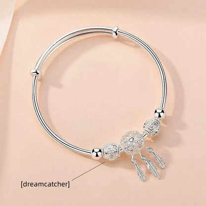 1pcs Copper Alloy Silver Plated Bracelet Ladies Cold Wind Dreamcatcher Leaves Tassel Turn Beads Jewelry