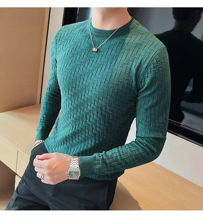 2025 Stretchable Jacquard Woven Winter Crew Neck Sweater Men's Slim Fit Pullover Knitwear Blue, Fashionable Check Pattern