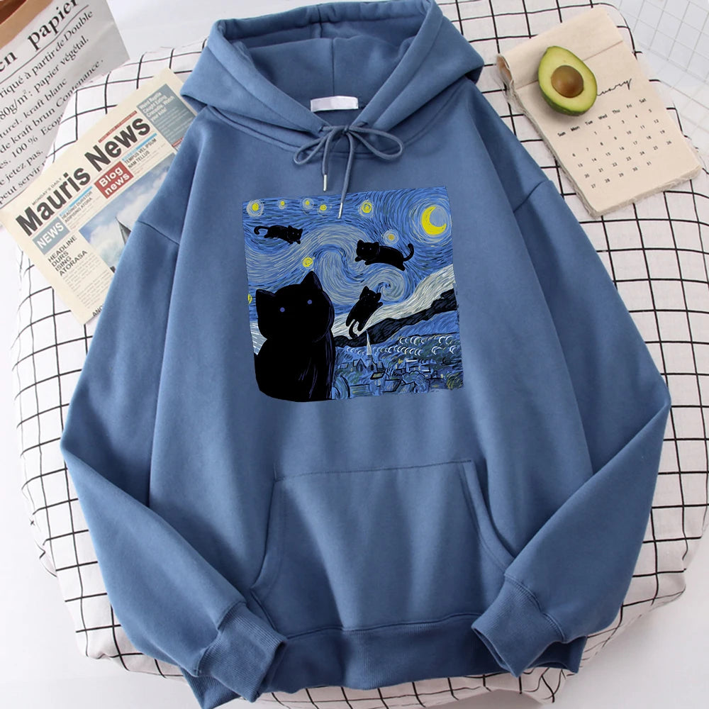 The Starry Cat Night Printing Hoodies Men Autumn Oversize Hoodie Fashion Fleece Sweatshirts Casual S-Xxl Pullover Tops