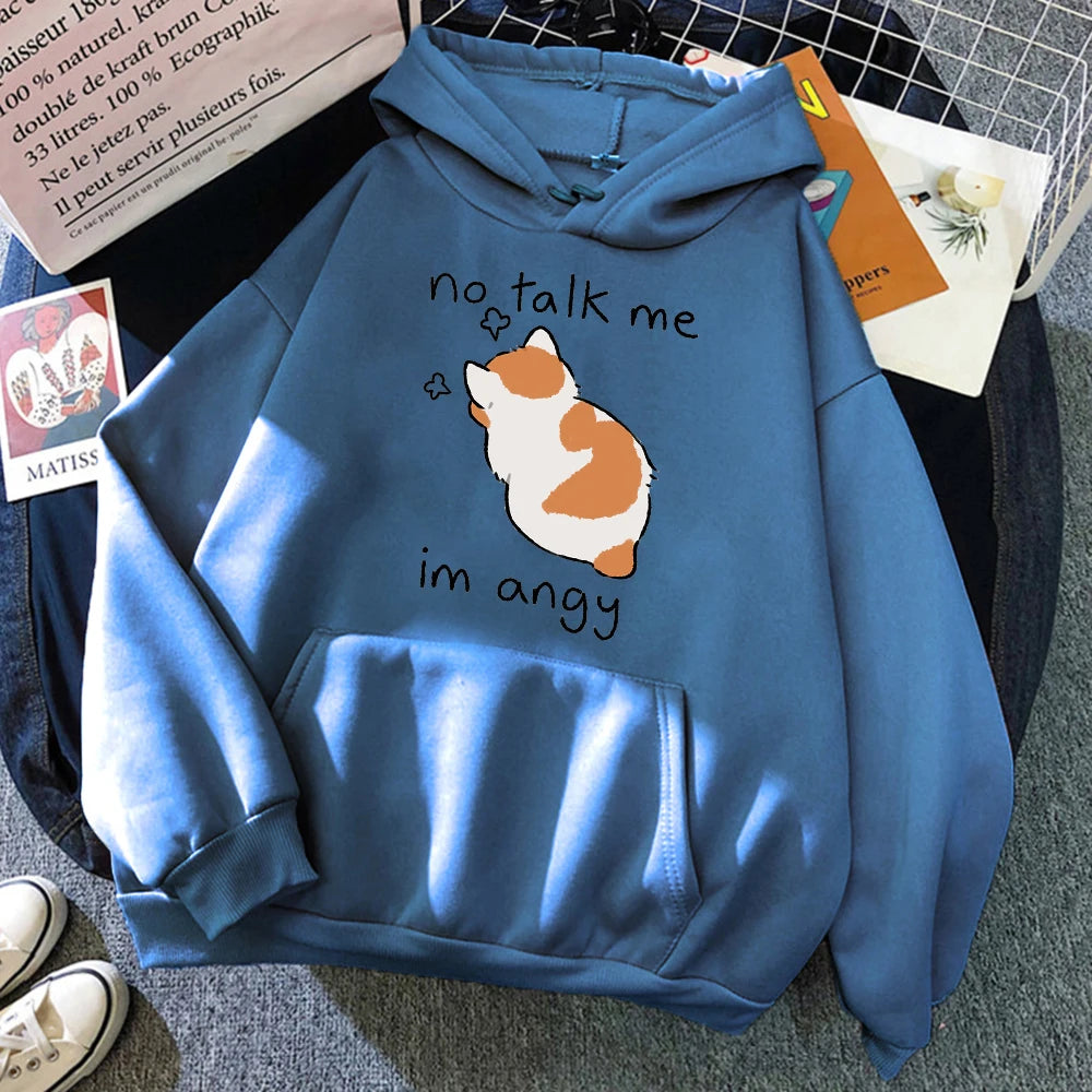 No Talk Me Cute Angry Cat Print Women Hoody Hip Hop Soft Hoodies Casual Fleece Pullovers Oversize Fleece Woman Streetwear