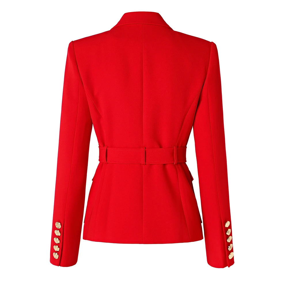 New Fall Party Red Women Pockets Jackets Slim Design Chic Lady Gorgeous Blazer with Belt