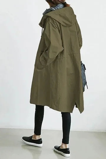 2025 Spring Autumn Casual Korean Fashion Hooded Medium Long Overcoat Loose Windproof Coat Women Trench Coat Solid Color Pocket