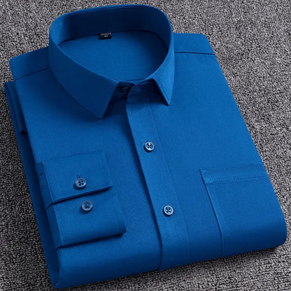 New Men's Dress Shirt Fashion With Left pocket No ironing Wrinkle Resistant Classic Solid Color Business Formal Social Shirt 5XL