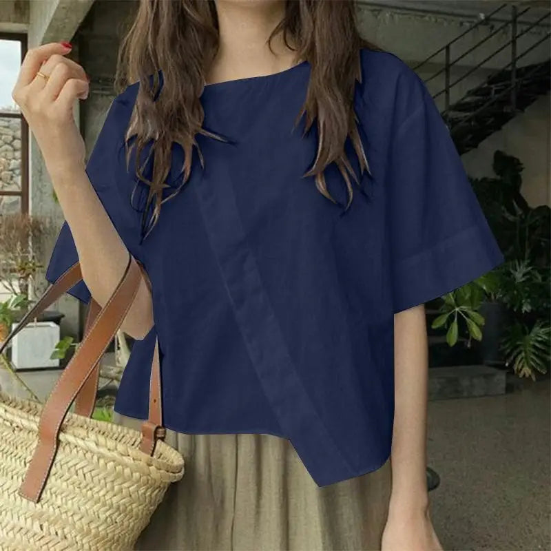 ZANZEA Women Oversize Bluse Summer Chic Irregular Short Sleeve Shirts Korean Fashion Round Neck Harajuku Tops Casual Loose Tunic