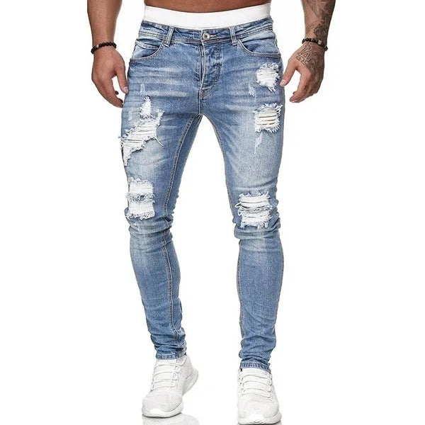 Streetwear Ripped Skinny Jeans Men Vintage wash Solid Denim Trouser Mens Casual Slim fit pencil denim Pants Hombre Joggers