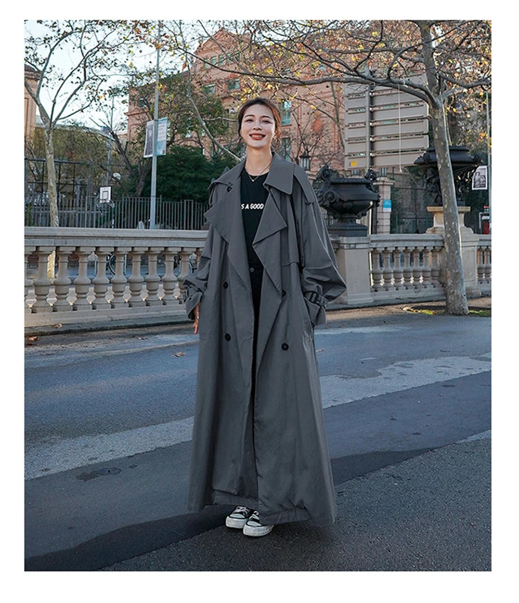 Lautaro Spring Autumn Extra Long Flowy Oversized Casual Trench Coat for Women Belt Double Breasted Loose Korean Fashion 2025