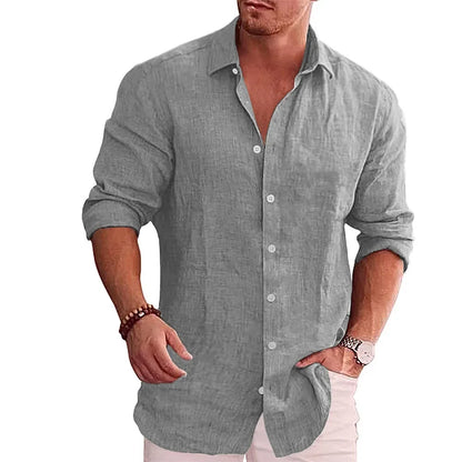 New men's cotton linen autumn hot long-sleeved shirt solid colour versatile casual resort style men's shirt tops