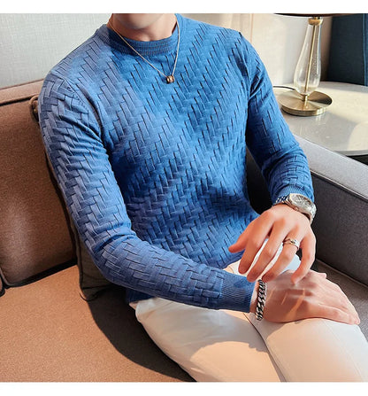 2025 Stretchable Jacquard Woven Winter Crew Neck Sweater Men's Slim Fit Pullover Knitwear Blue, Fashionable Check Pattern