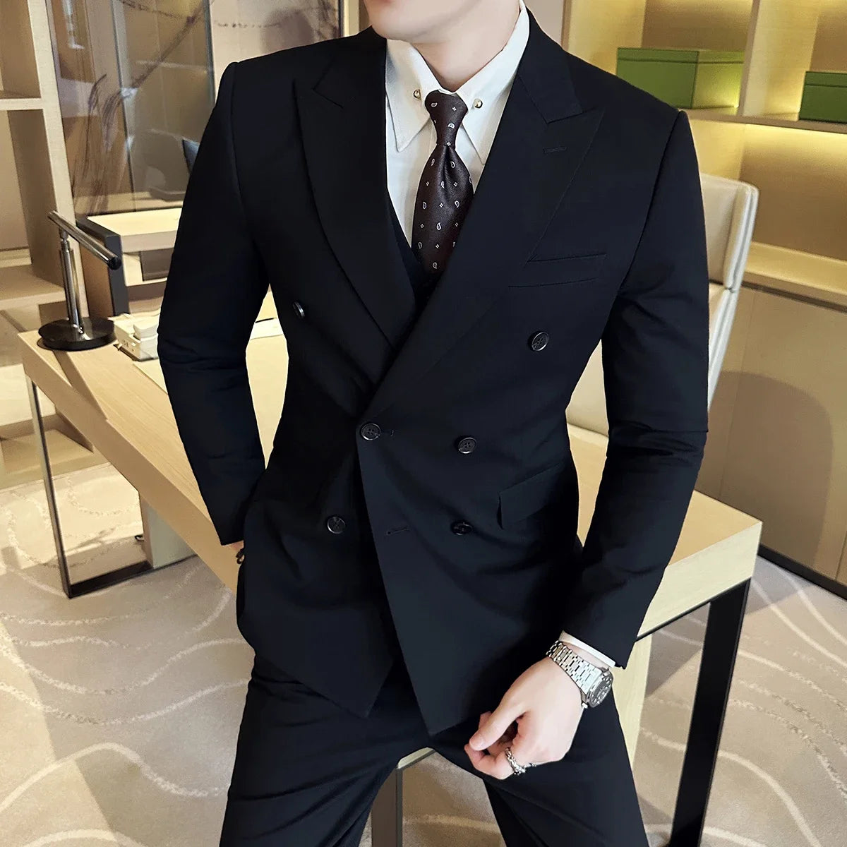 British Style Double Breasted Design Men's Suit Formal Business Slim Fit Casual Suits Sets Men Wedding Party Tuxedo 3 Pieces Set