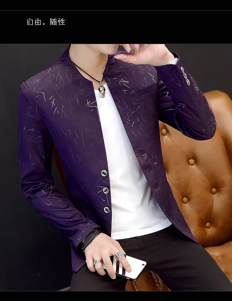 Men's Printed Small Suit Male Korean Version of The Self-cultivation Stand-up Collar Chinese Tunic Casual Suit Thin Jacket Youth