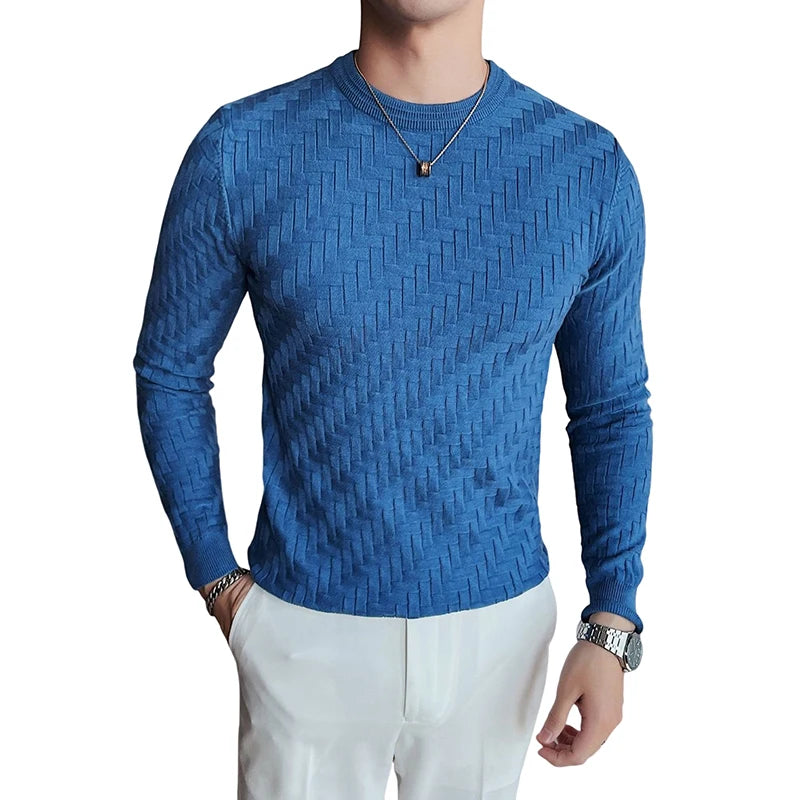 2025 Stretchable Jacquard Woven Winter Crew Neck Sweater Men's Slim Fit Pullover Knitwear Blue, Fashionable Check Pattern