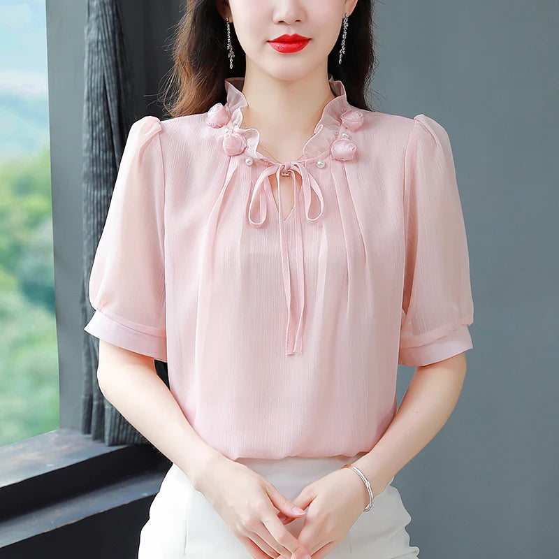 M-4XL Spring Summer Women Tops 2025 New Fashion Chiffon Blouse Petal Collar Half Sleeve Bow tie Loose Casual Shirt