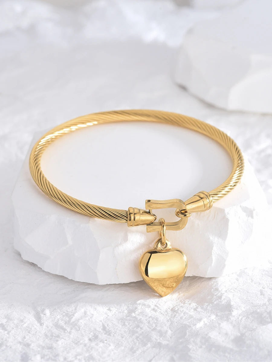 18k Gold Color Stainless Steel Heart Pendant Charm Bangle Bracelets For Men Women