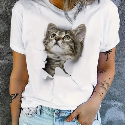 Cartoon Cat 2D T-shirt Short Sleeved Round Neck Casual Sports Top  Summer Aesthetic Clothing Women's Clothing Pattern T-shirt