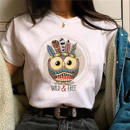 Owl T-shirt Girl Aesthetic Graphic Women Retro Comfortable T-shirt Pop Culture Colorful Kawaii Psychedelic Punk 2000s