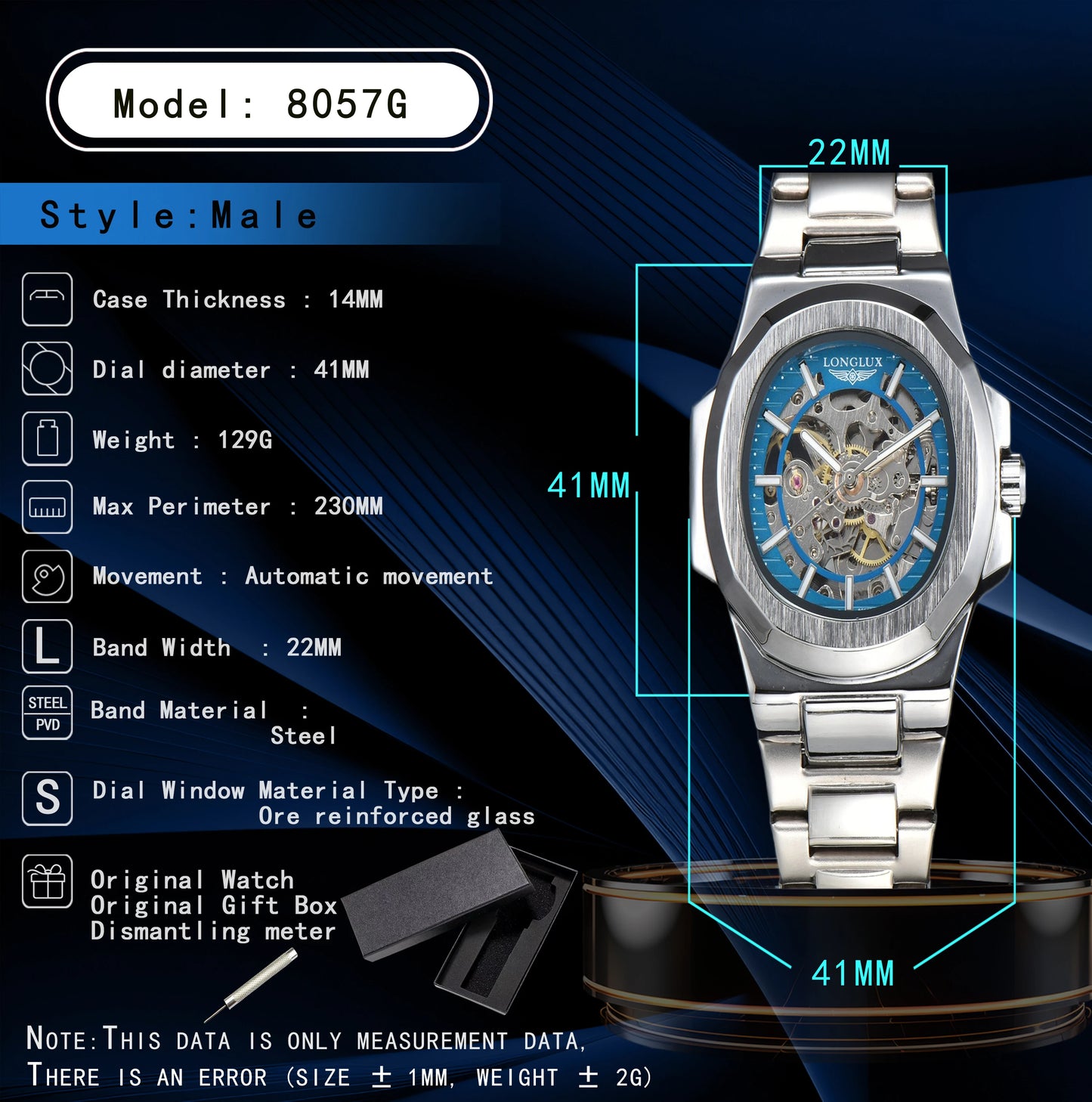 LONGLUX automatic man watch  luxury wholesale mechanical wristwatches stainless steel skeleton waterproof  mens watch men gift