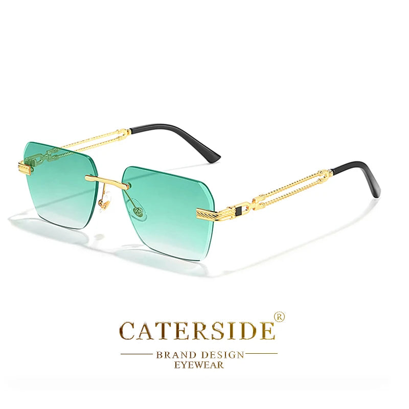 Caterside Rimless Pilot Sunglasses Men Square Metal Frame Women Glasses Travel Party Business UV400 Eyewear Choice for Gifts