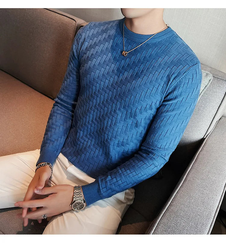 2025 Stretchable Jacquard Woven Winter Crew Neck Sweater Men's Slim Fit Pullover Knitwear Blue, Fashionable Check Pattern