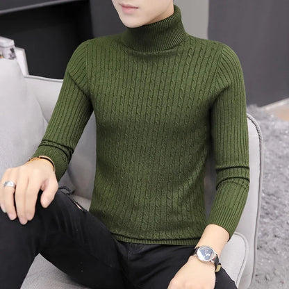 2025 Korean Slim Solid Color Turtleneck Sweater Mens Winter Long Sleeve Warm Knit Sweater Classic Solid Casual Bottoming Shirt