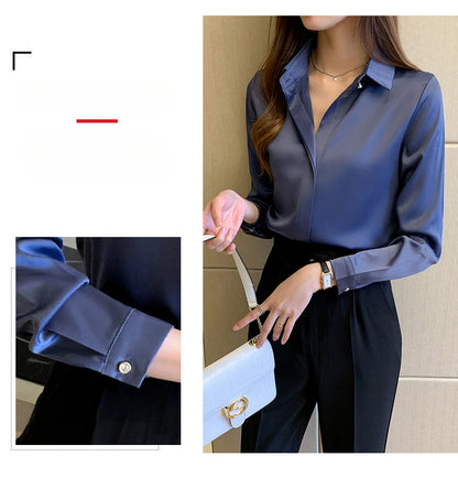 Satin Women Shirt Vintage Long Sleeve Blouse Women Silk Elegant Womens Tops Commuting Luxury White Shirt Autumn Female Clothing