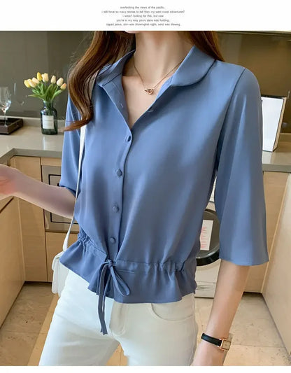 Summer Women All-match Solid Turn-down Collar Half Sleeve Chiffon Shirt Fashion Casual Shirring Single-breasted Blouses Female