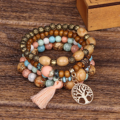 4Pcs Bohemia Tree Of Life Charm Beaded Bracelet Set For Women Handmade Wood Beads Chain Bangle Female Boho Jewelry