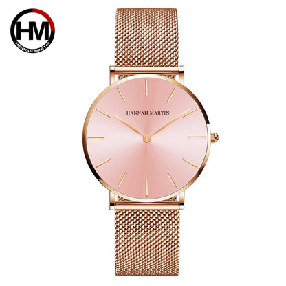 Hannah Martin Women Watch Original Imported Japanese Movement Stainless Steel Mesh Belt Classic Minimalist Wind Rose Gold Watch