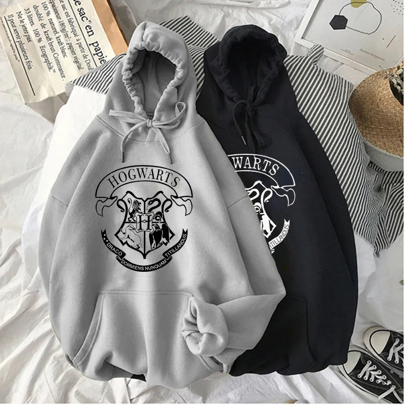 Fashion y2k Hogwarts Printed Hoodies Women Sweatshirt Autumn Winter Long Sleeves Plus Velvet Casual Loose Fleece Tops Oversized