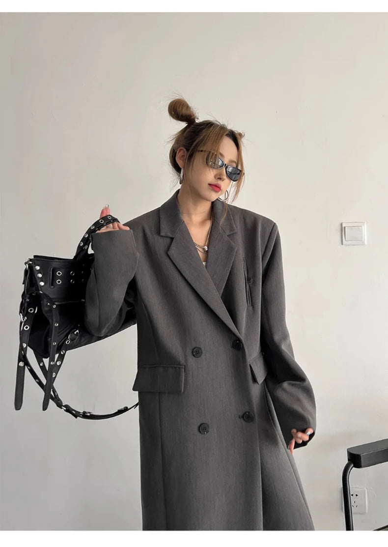 Lautaro Spring Autumn Long Grey Black Trench Coat for Women Double Breasted Loose Casual Korean Fashion Clothing Blazer 2025