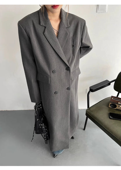 Lautaro Spring Autumn Long Grey Black Trench Coat for Women Double Breasted Loose Casual Korean Fashion Clothing Blazer 2025