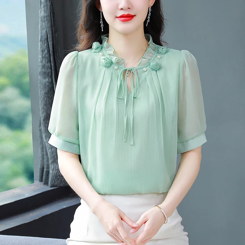 M-4XL Spring Summer Women Tops 2025 New Fashion Chiffon Blouse Petal Collar Half Sleeve Bow tie Loose Casual Shirt