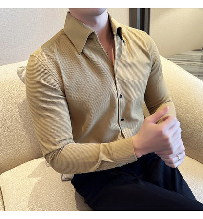 Autumn Solid Color Waffle Shirt Men Slim Fit V Neck Long Sleeve Casual Business Formal Dress Shirts Social Party Streetwear 4XL