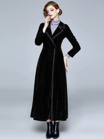 JAMERARY Winter Runway Velvet Maxi Coat Women Vintage Notched Collar Wrap Black Thick Warm Long Trench Coat Outwear