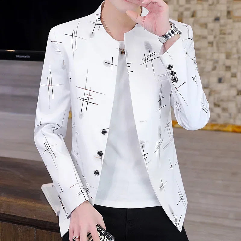 Men's Printed Small Suit Male Korean Version of The Self-cultivation Stand-up Collar Chinese Tunic Casual Suit Thin Jacket Youth