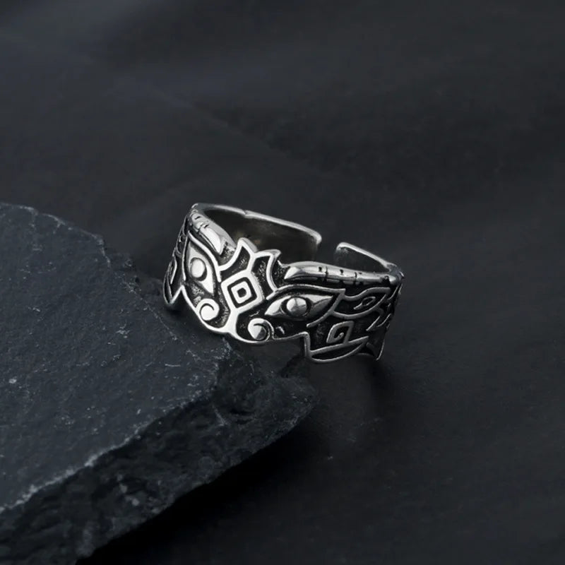 Retro Taotie Chinese Mythology Ring For Men Punk Gothic Rock Hiphop Open Ring Handmade Designer Jewelry Accessories Unisex Gift