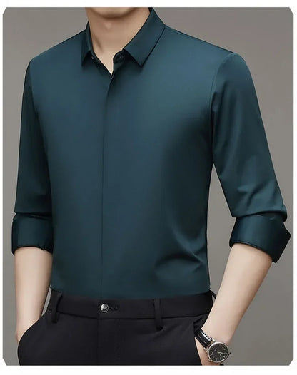 High end Mulberry Silk Shirts Business Men Non Iron Button Invisible Elastic Tops Luxurious Male Long Sleeve Quality Dress Shirt