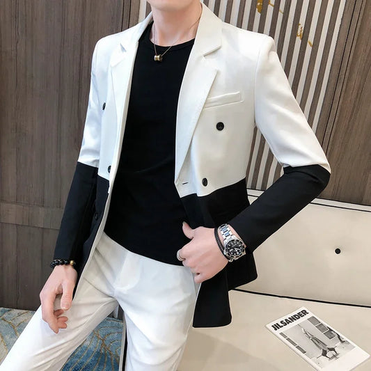 Men's Blazer Hombre Semi-Black Red White Double-Breasted Blazer Masculino Slim Wedding Prom Fashion Stitching Men's Blazer Men