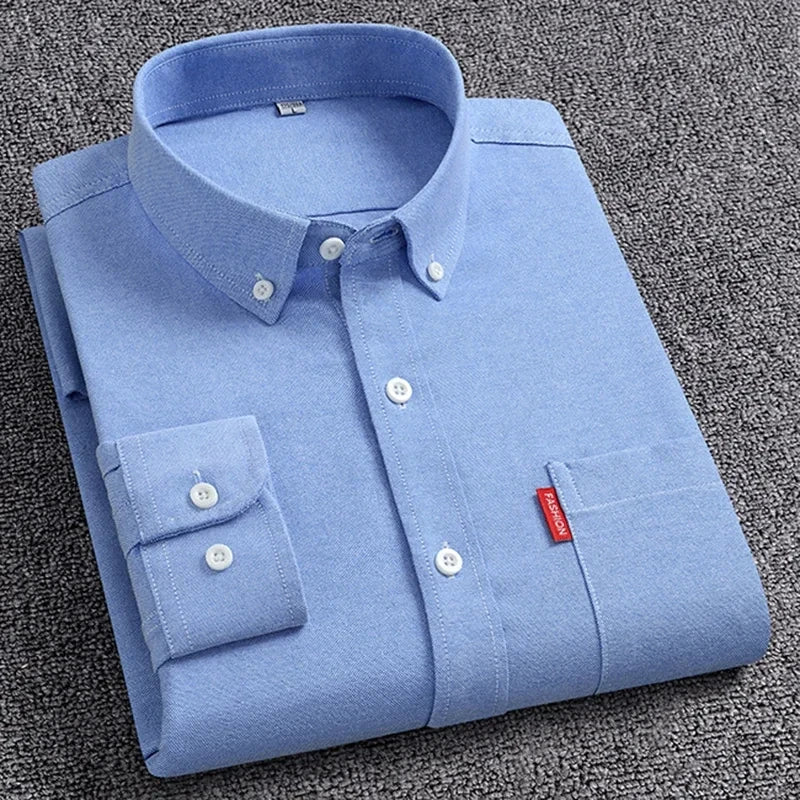 5XL Men's Oxford Long Sleeve Shirts 100% Cotton Solid Color Turn Down Collar Regular Fit Daily Men Clothing Button-down Shirts