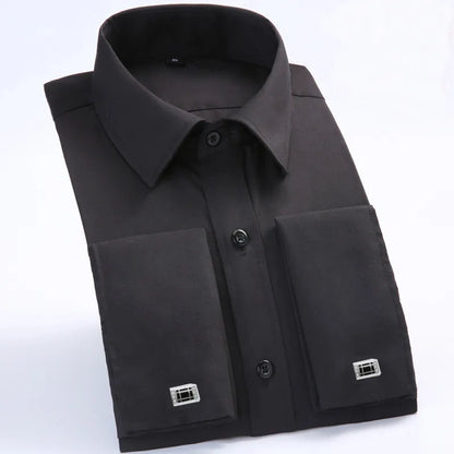 Classic French Cuff Men's Dress Shirt Long Sleeve Male Formal Wedding Party White Black Oversized Cufflink Shirts with Pocket