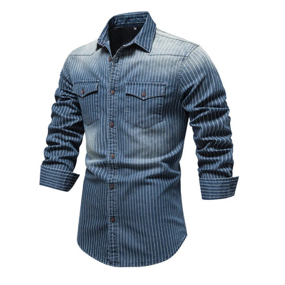 AIOPESON Cotton Men Denim Shirts Striped Stretch Long Sleeve High Quality Jeans Shirts for Men Casual Slim Cowboy Shirts Man