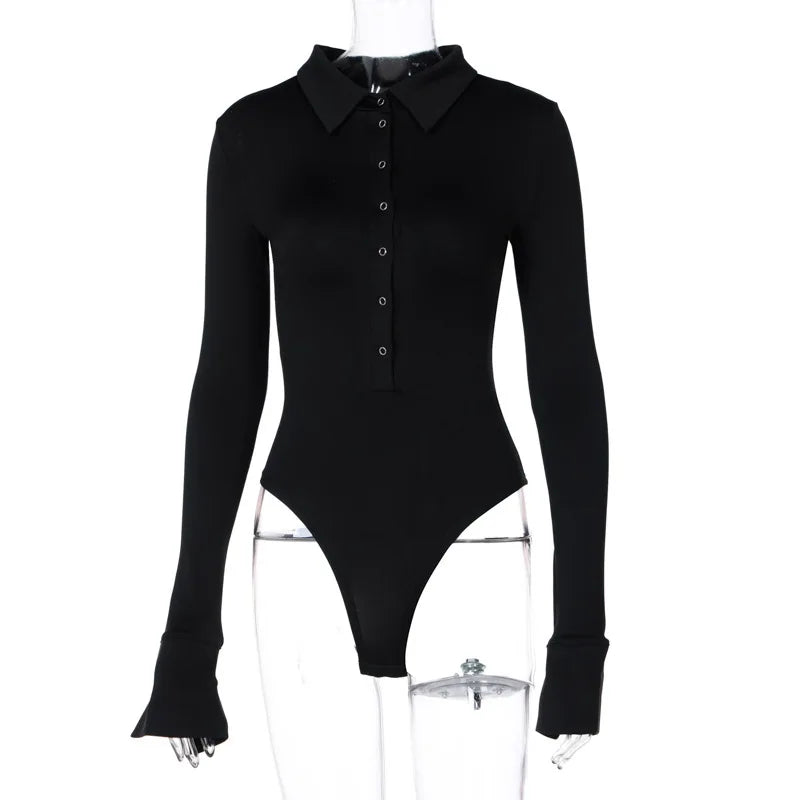 Y2k Clothes Women's Bodysuit Long Sleeve Snap Polo Neck Solid Color Autumn Winter High Street Punk Style Sexy Bodysuit