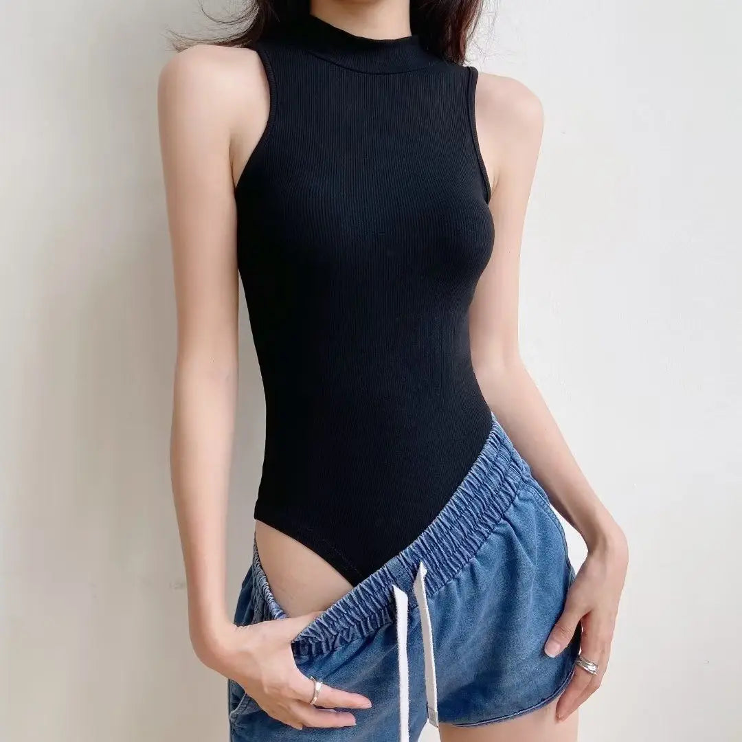 Sleeveless Y2k Bodysuit Women Sexy Tops Youthful Summer Clothes White Body Knitted Turtleneck Tank Top Jumpsuits for Women 2024