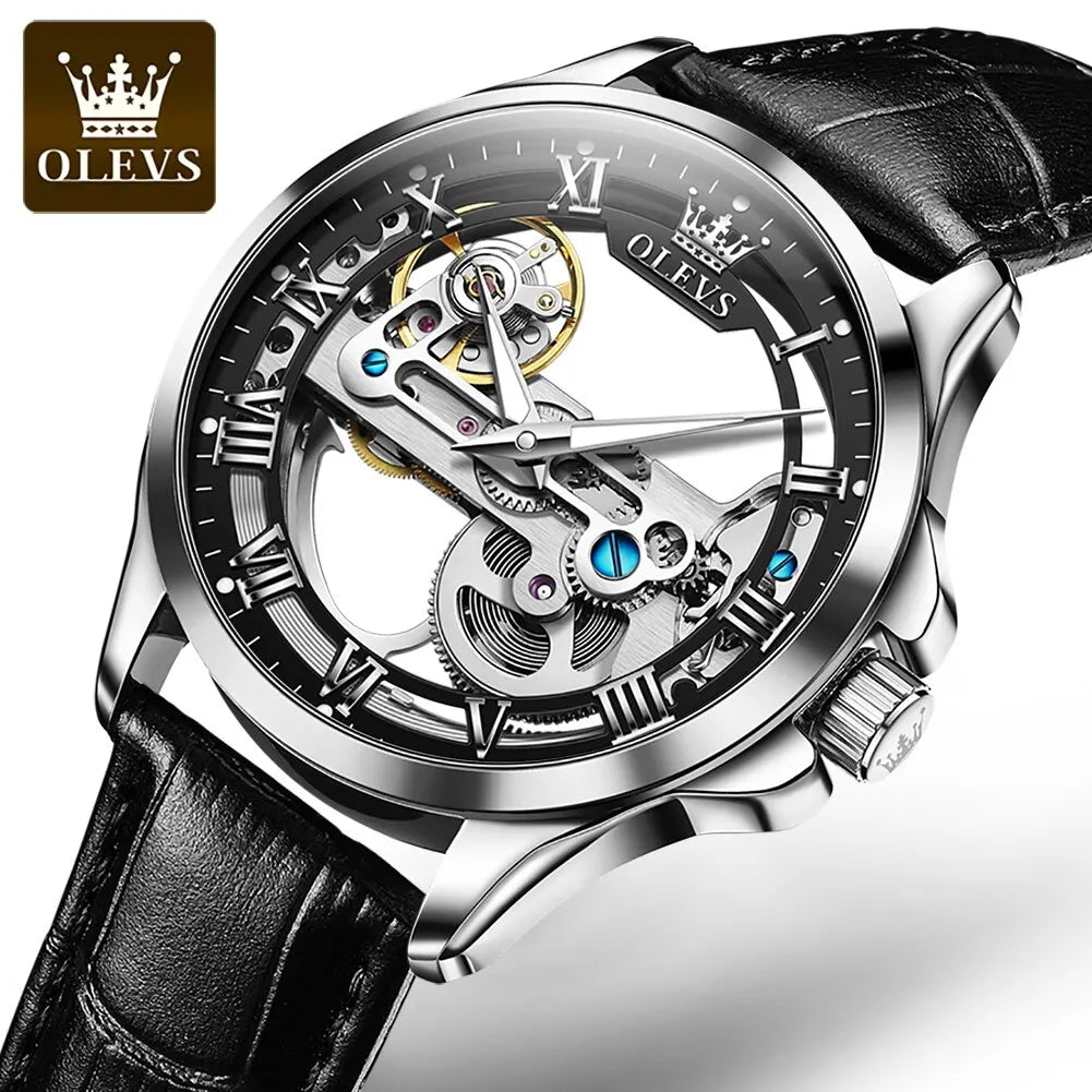 OLEVS Luxury Men Watches Automatic Mechanical Wristwatch Skeleton Design Waterproof Leather Strap Male Watch Reloj Hombre