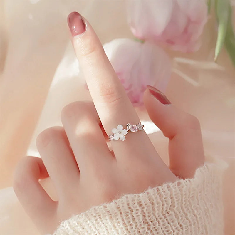 Luxury Zircon Flower Opening Rings for Women Cubic Zirconia Rose Cherry Blossom Tulip Adjustable Finger Ring Wedding Jewelry