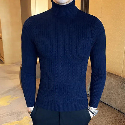 2025 Korean Slim Solid Color Turtleneck Sweater Mens Winter Long Sleeve Warm Knit Sweater Classic Solid Casual Bottoming Shirt