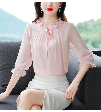 M-4XL Spring Summer Women Tops 2025 New Fashion Chiffon Blouse Petal Collar Half Sleeve Bow tie Loose Casual Shirt