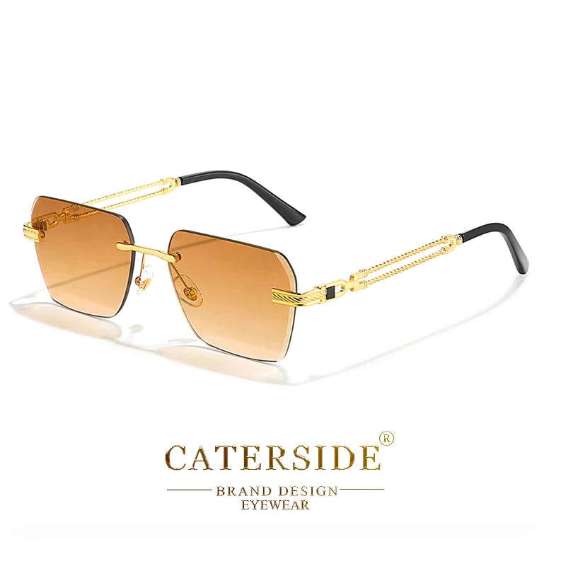 Caterside Rimless Pilot Sunglasses Men Square Metal Frame Women Glasses Travel Party Business UV400 Eyewear Choice for Gifts